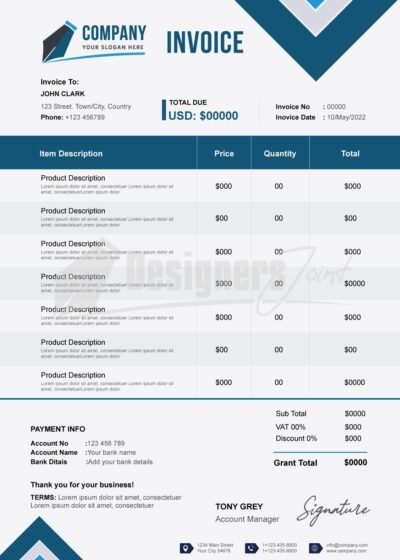 Freelance Service Invoice Template (ESP & PSD Files) 7 Invoice blue 2