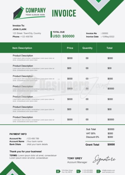 Freelance Service Invoice Template (ESP & PSD Files) 6 Invoice green 2