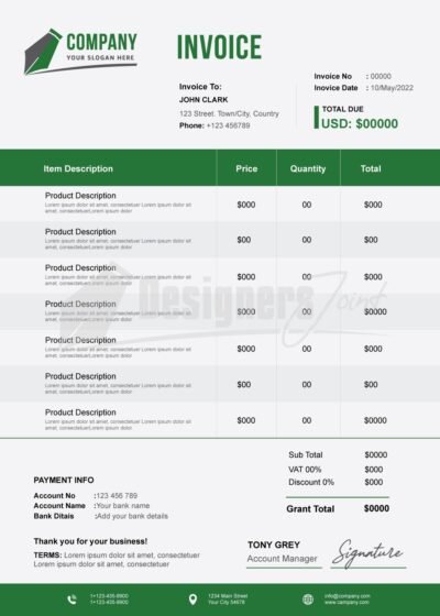 Modern Minimalist Invoice Template (EPS & PSD Files) 6 Invoice green 7