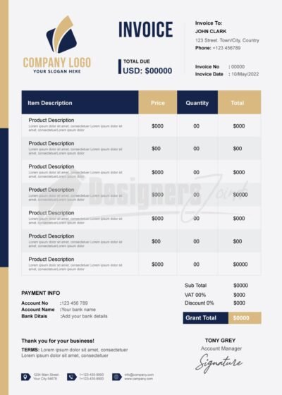 Tech Startup Invoice Template (ESP & PSD Files) 6 Invoice navy blue 2