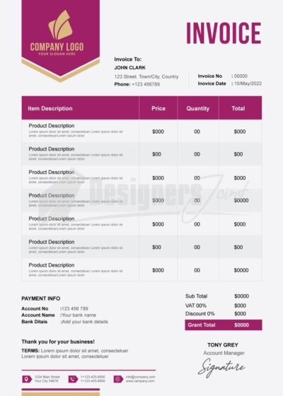 Corporate Professional Invoice Template (ESP & PSD Files) 6 Invoice pink 4