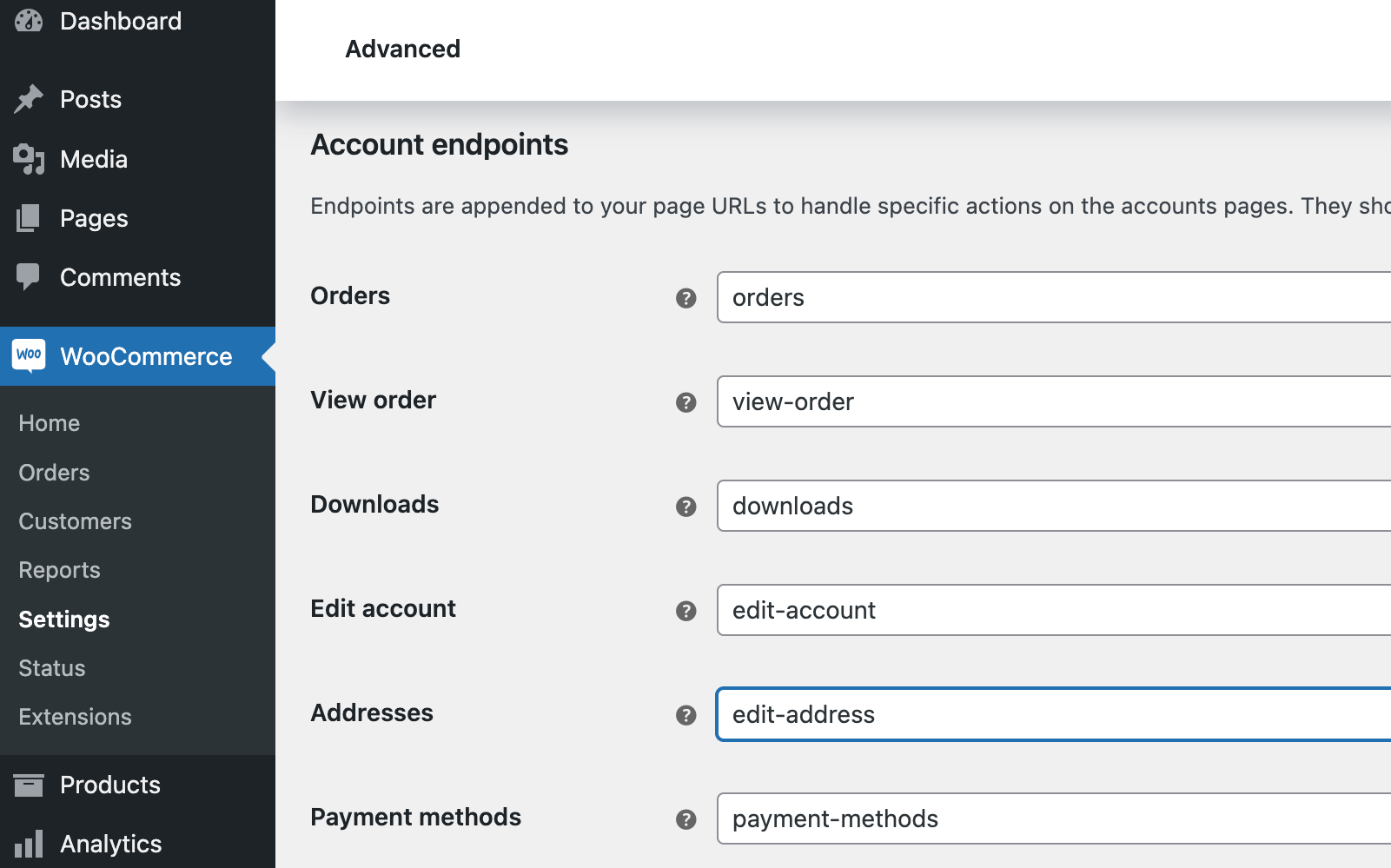 WooCommerce My Account Menu Customization 4 WooCommerce Edit My Account Endpoints in Settings