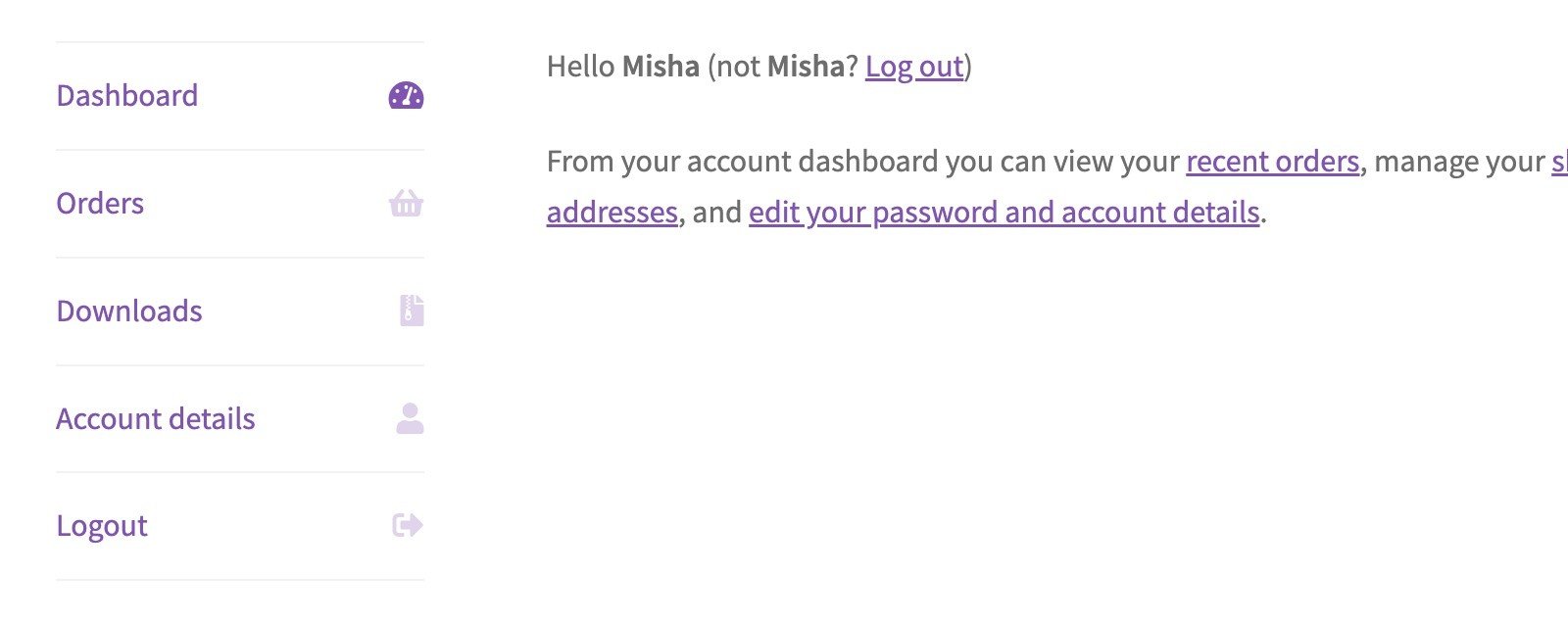 WooCommerce My Account Menu Customization 3 WooCommerce My Account menu with removed Addresses link.