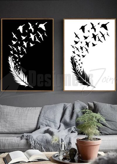 Wall Art of a feather with a flock of birds flying out of it