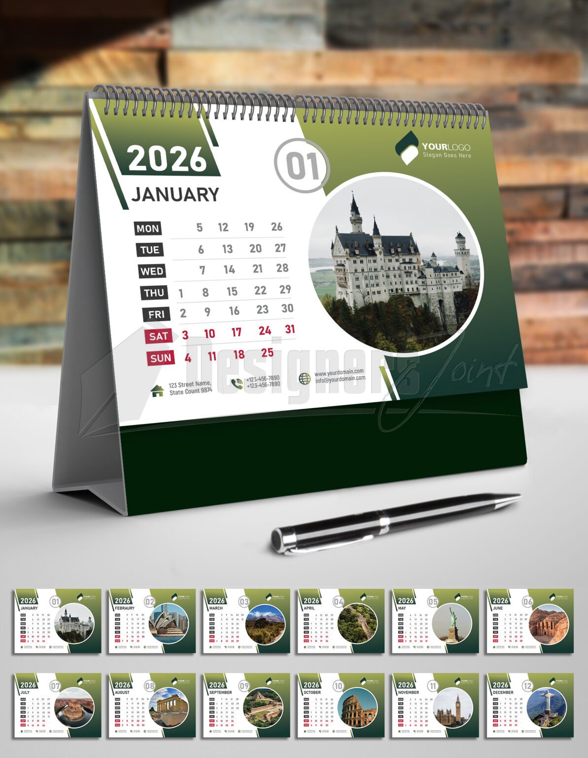 2026 Desk Calendar Template - Modern Green (Ai, EPS) | DesignersJoint.Com