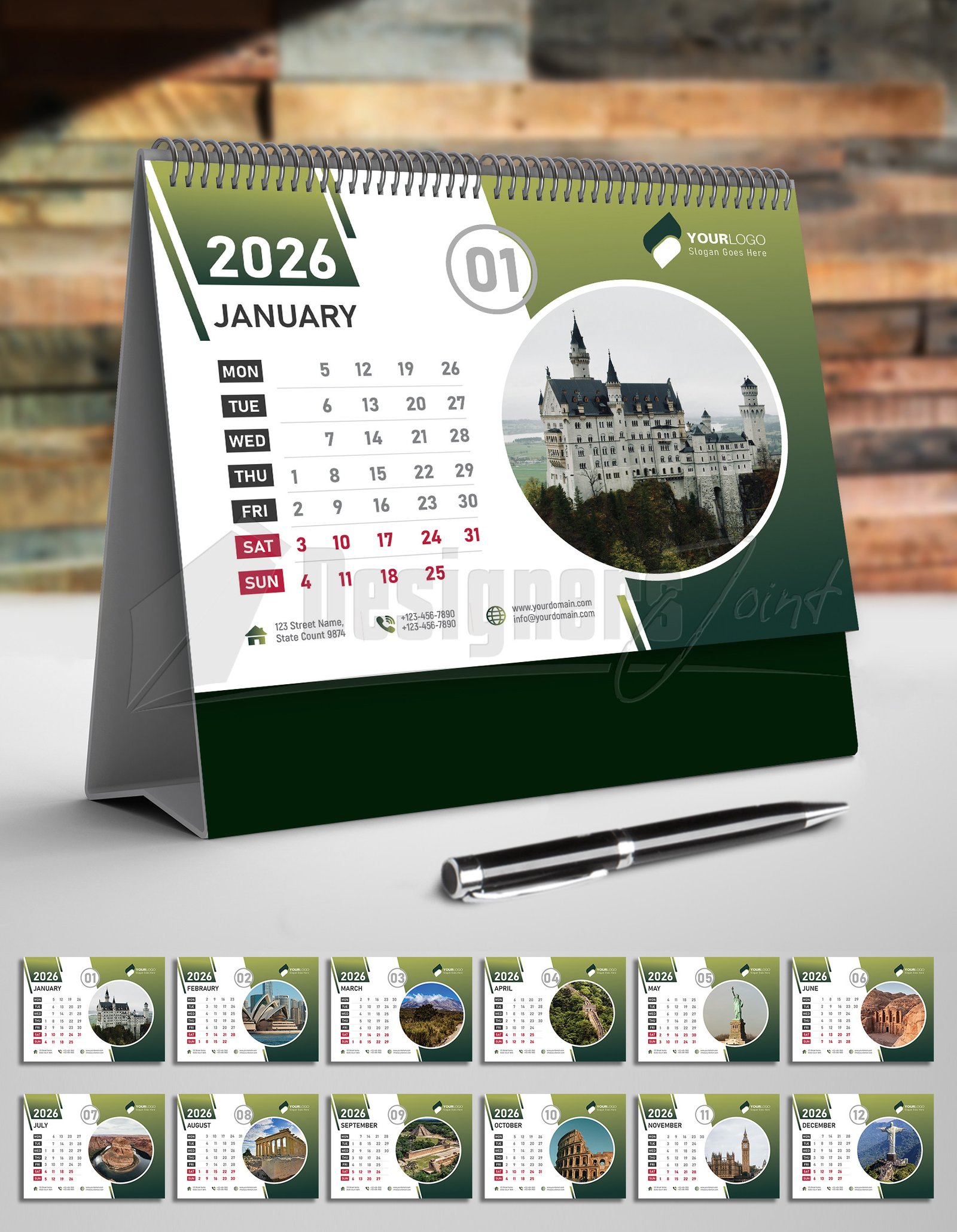 2026 Desk Calendar Template - Modern Green (Ai, EPS) | DesignersJoint.Com