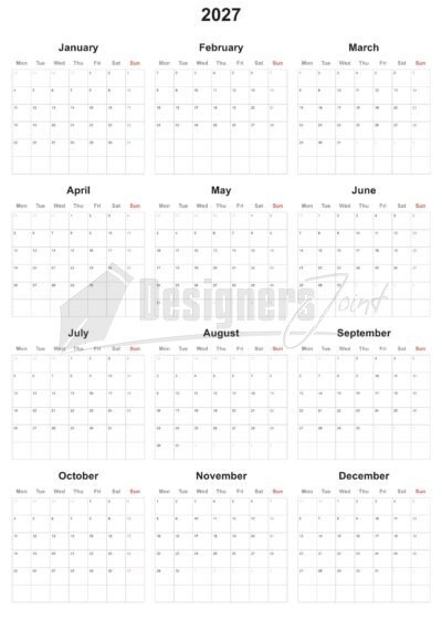 2027 12 Month Planner Calendar Week Starts on Monday