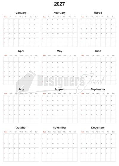 Designers Joint: Work Smarter - Templates Saves You Time 1 2027 12 Month Planner Calendar Week Starts on Sunday