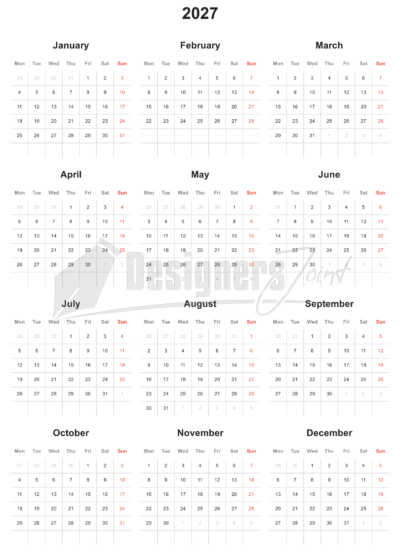 2027 Classic 12-Month Calendar Template (SVG & VSP) | Dark & Light Themes
