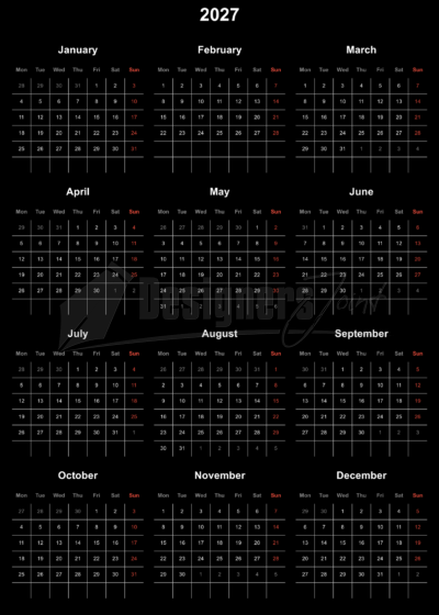 2027 12 Month Calendar Week Starts on Monday Dark