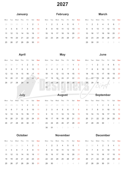 2027 Classic 12-Month Calendar Template