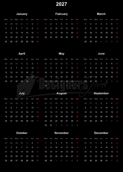 2027 12 Month Calendar Week Starts on Monday No Grids Dark