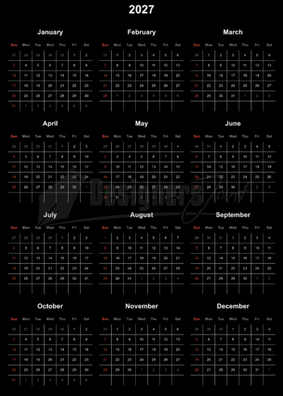 Alternative view of 2027 Classic 12-Month Calendar Template (SVG & VSP) | Dark & Light Themes
