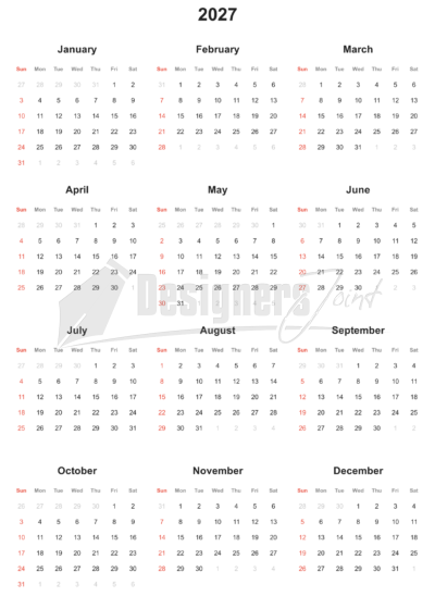 2027 12 Month Calendar Week Starts on Sunday No Grids