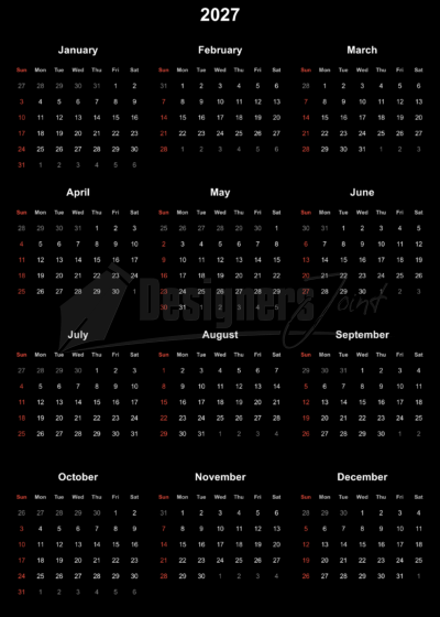 2027 12 Month Calendar Week Starts on Sunday No Grids Dark