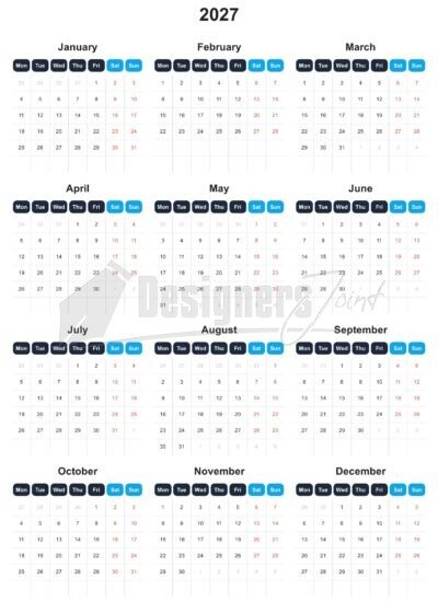 2027 Header Grid 12-Month Calendar Template