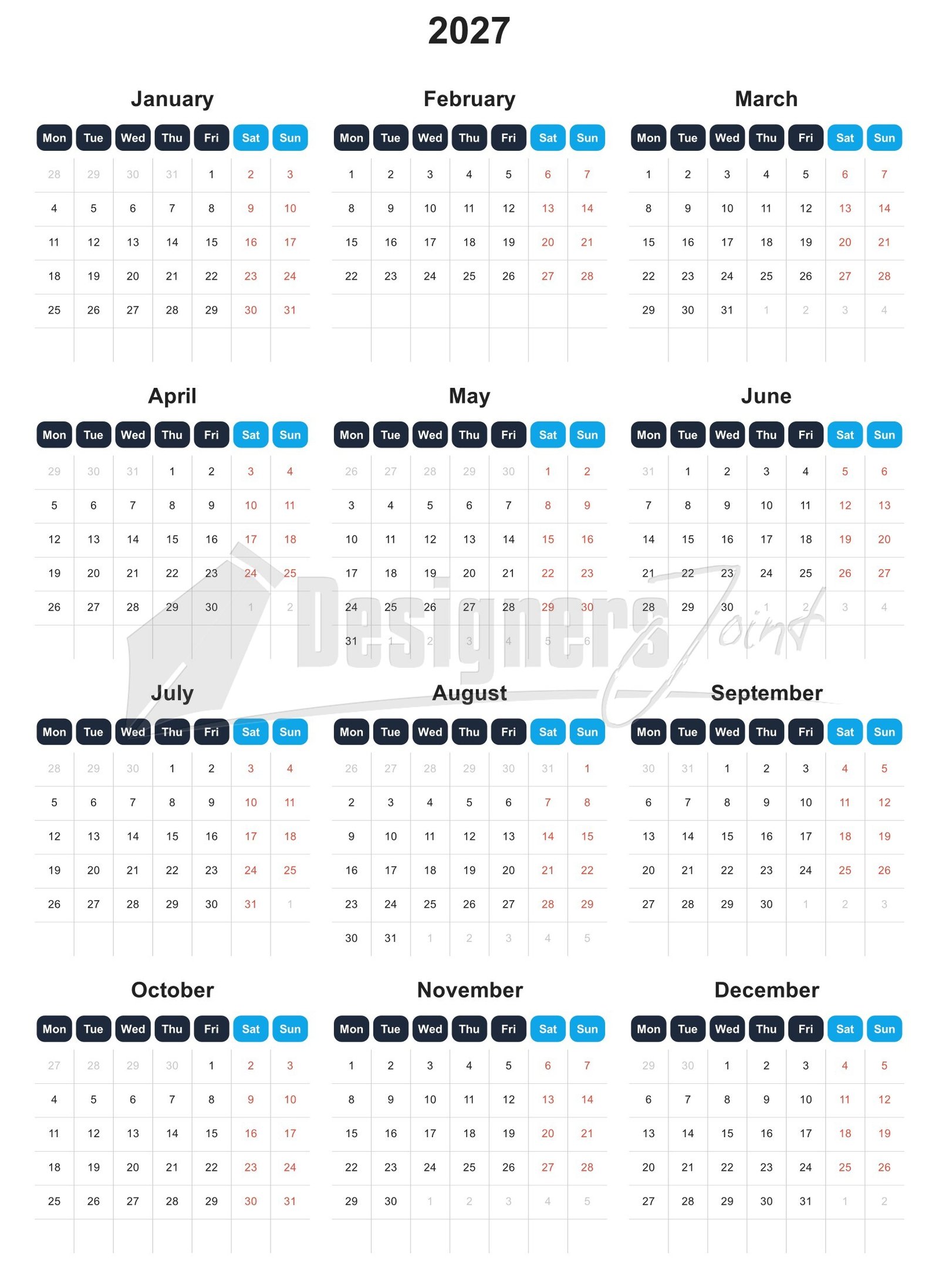 2027 Header Grid 12-Month Calendar Template | Monday-start and Sunday-start (SVG & VSP) 1 2027 Header Grid 12-Month Calendar Template