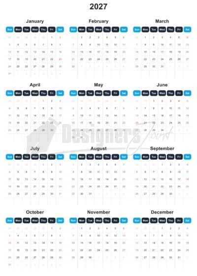 2027 Header Grid 12-Month Calendar Template