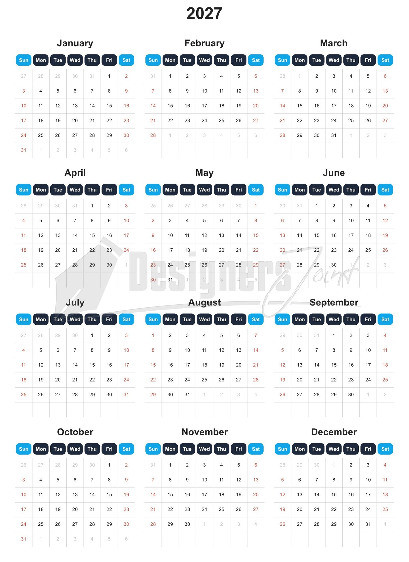 2027 Header Grid 12-Month Calendar Template | Monday-start and Sunday-start (SVG & VSP) 2 2027 Header Grid 12-Month Calendar Template