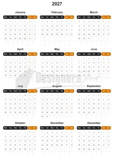 2027 Header Split 12-Month Calendar Template