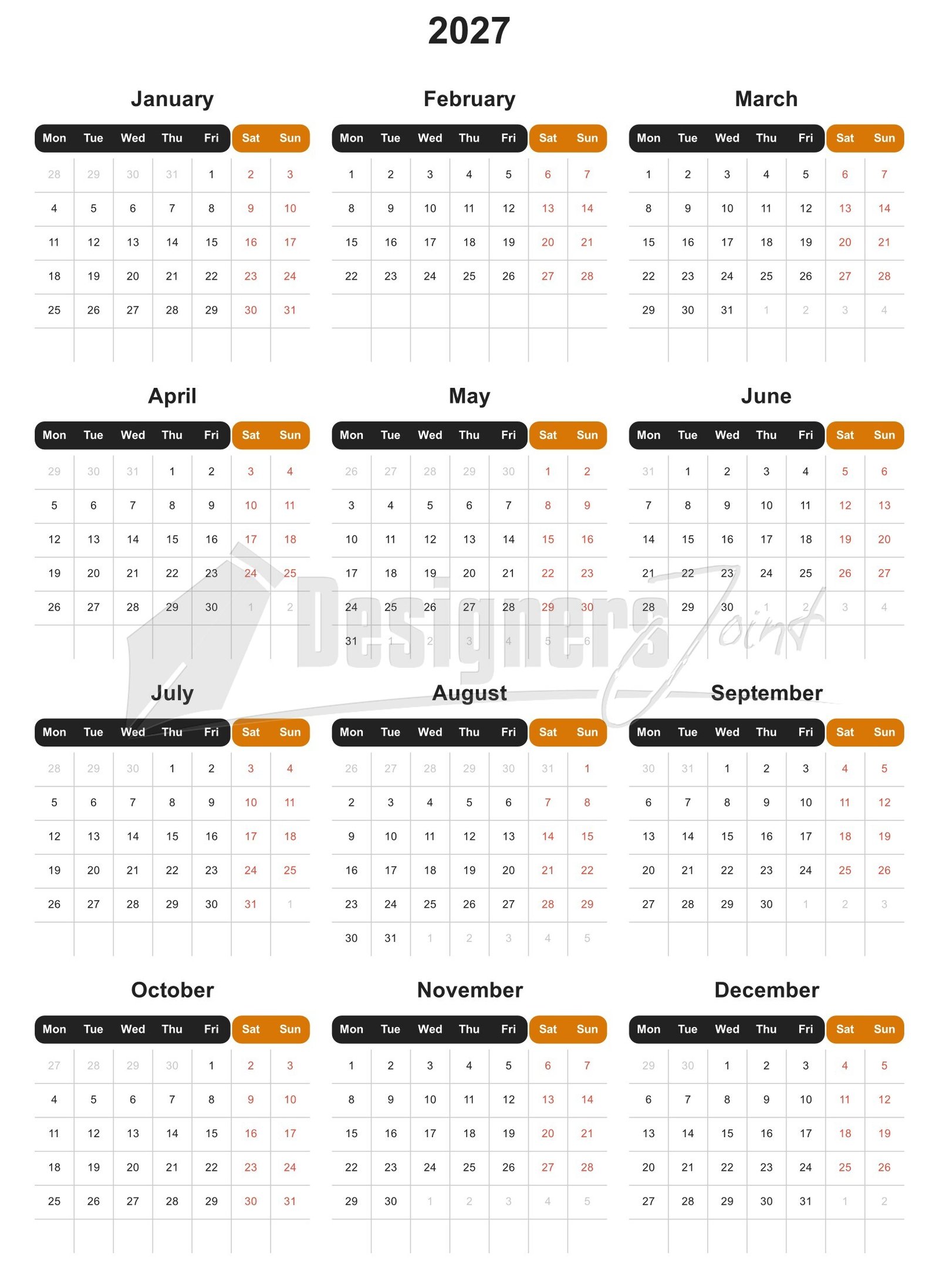 2027 Header Split 12-Month Calendar Template | Monday-start and Sunday-start (SVG & VSP) 1 2027 Header Split 12-Month Calendar Template