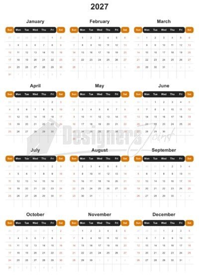 2027 Header Split 12-Month Calendar Template