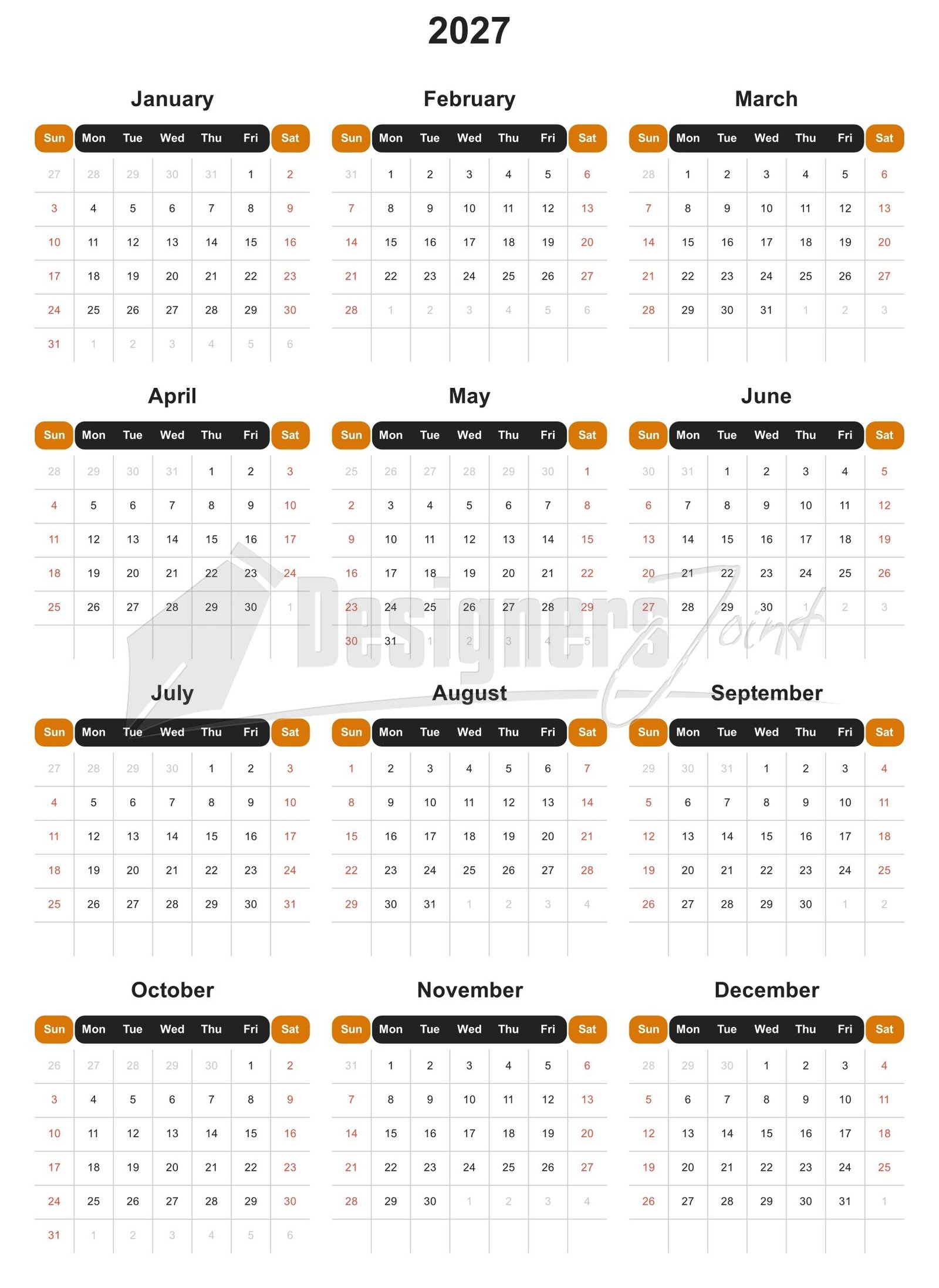 2027 Header Split 12-Month Calendar Template | Monday-start and Sunday-start (SVG & VSP) 2 2027 Header Split 12-Month Calendar Template