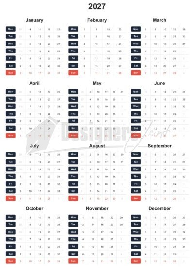 2027 Sidebar 12-Month Calendar Template