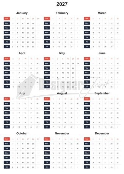 2027 Sidebar 12-Month Calendar Template