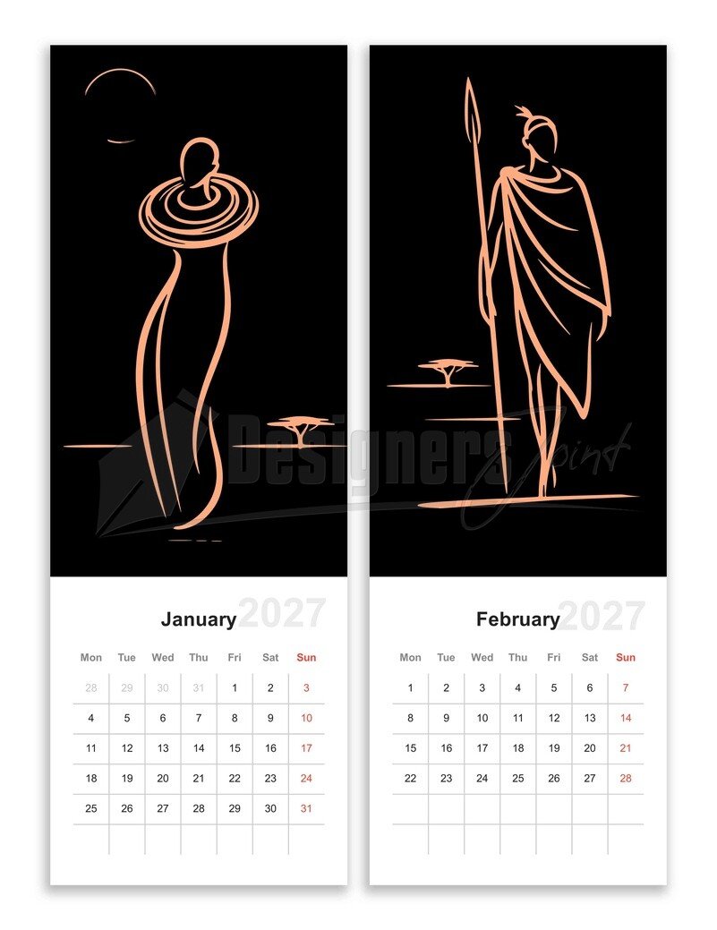 2027 African Elegance Wall Calendar Template | Monday-start and Sunday-start (SVG & EPS)