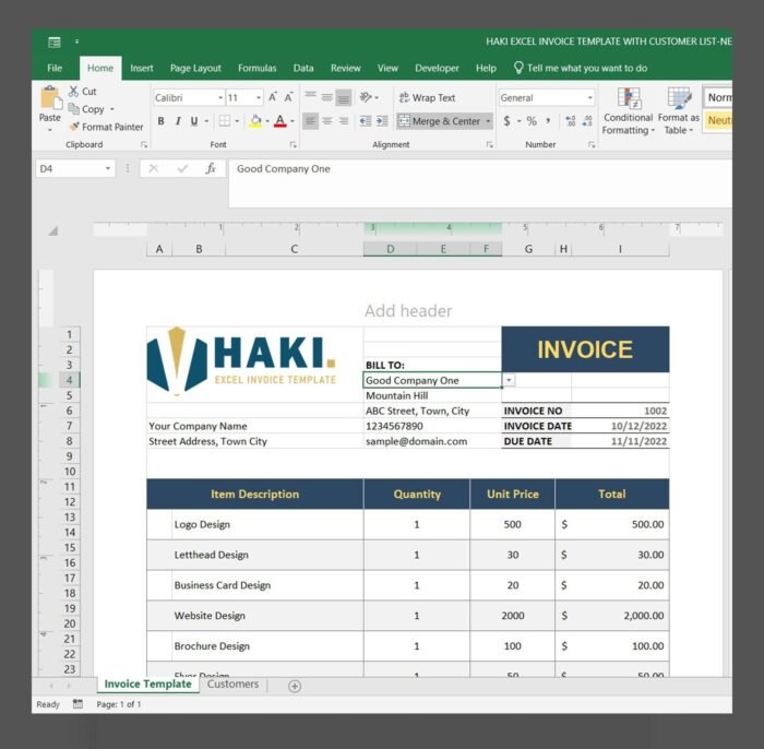 HAKI Excel Invoice Template With Customer List