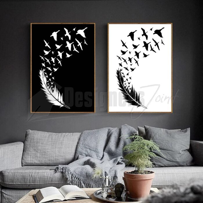 Wall Art of a feather with a flock of birds flying out of it