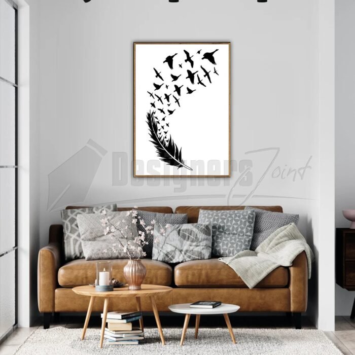 Wall Art of a feather with a flock of birds flying out of it